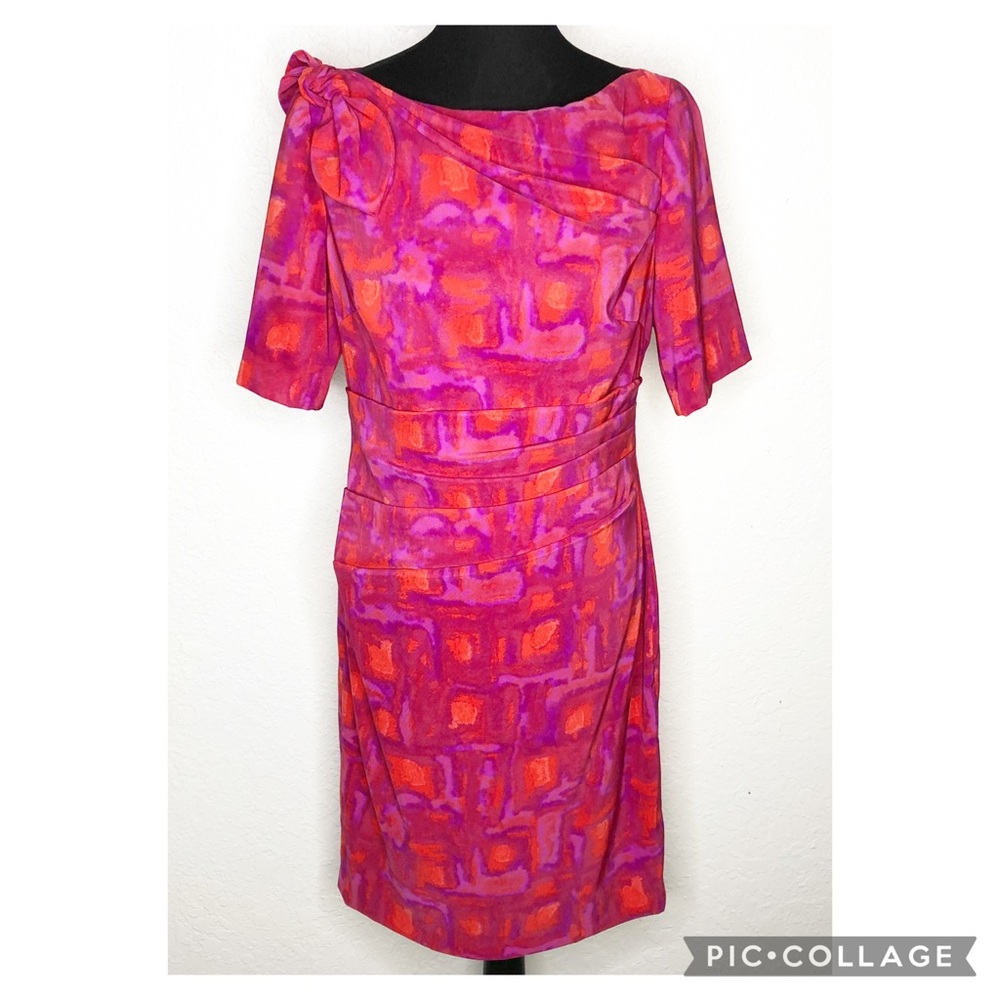 Kay Unger pink orange purple watercolor draped ruched sheath dress size 12 NWOT